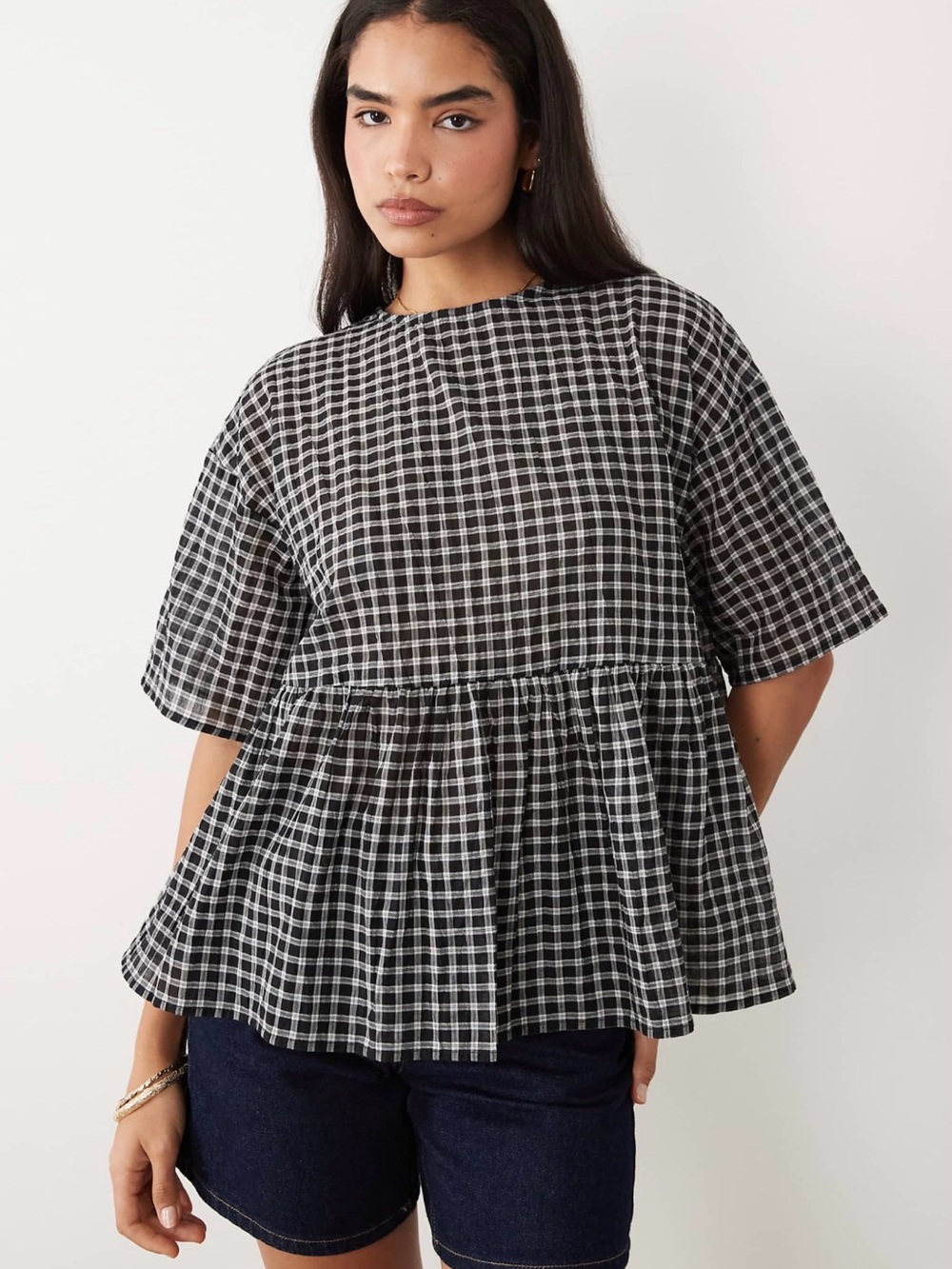 ASOS Design Black & White Check Peplum Top with back bow
